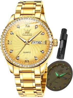 Men's All Gold Stainless Steel Luminous Quartz Waterproof Dimond Classic Watch